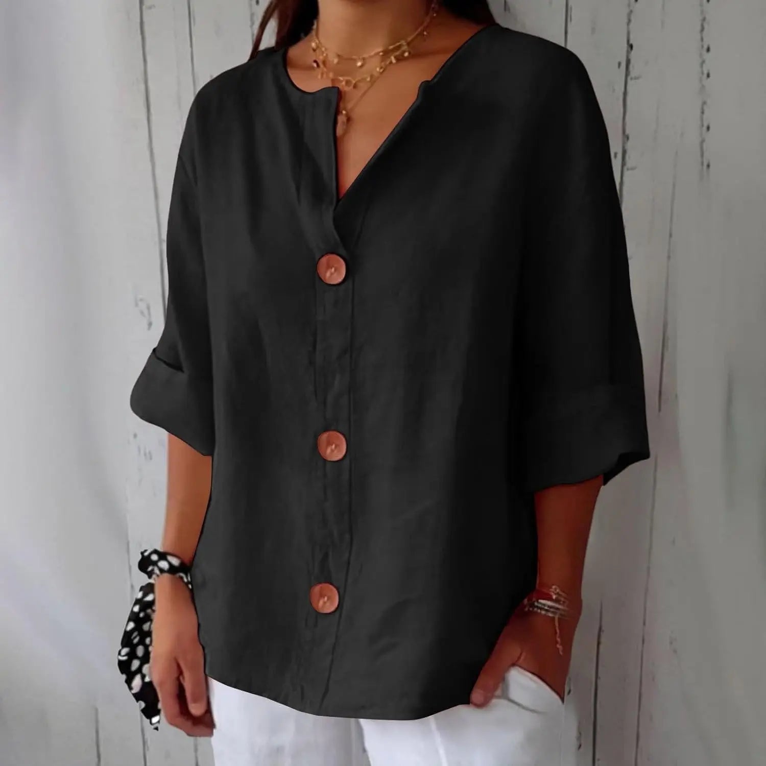 Women's Linen Blouse Button Front Three Quarter Sleeve - Schwarz