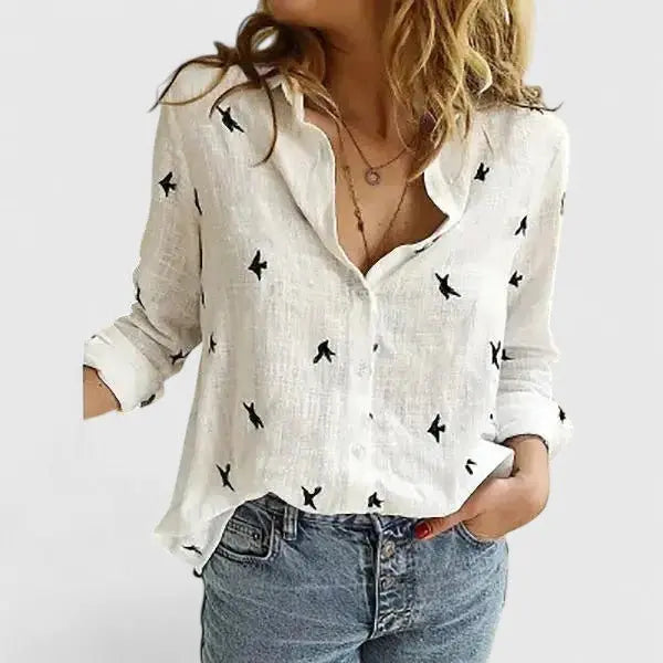 Women's Linen Button-Down Shirt Lapel Collar Relaxed Fit - White 2
