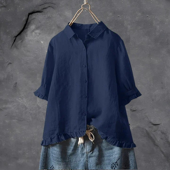 Women's Linen Button-Down Shirt Ruffle Trim Relaxed - Navy