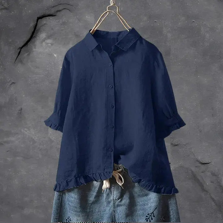 Women's Linen Button-Down Shirt Ruffle Trim Relaxed - Navy