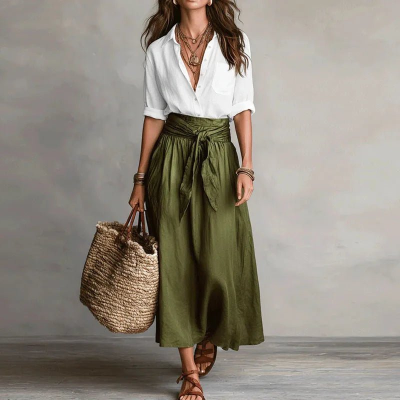 Women's Linen Co-Ord Set Button Down Top Midi Skirt - White Green