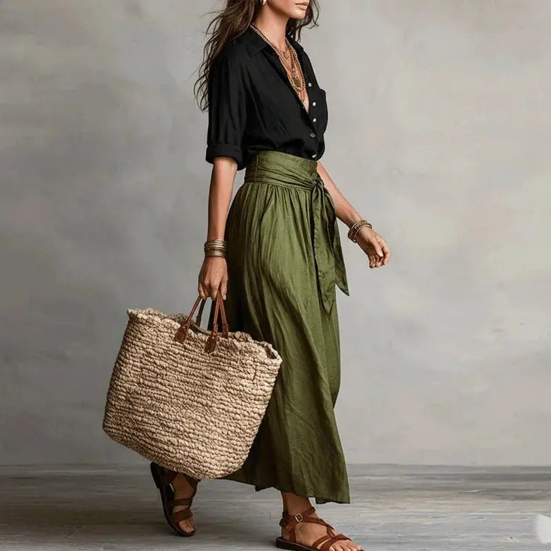 Women's Linen Co-Ord Set Button Down Top Midi Skirt