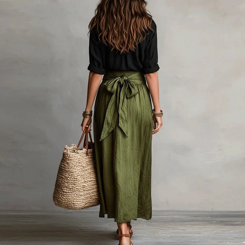 Women's Linen Co-Ord Set Button Down Top Midi Skirt