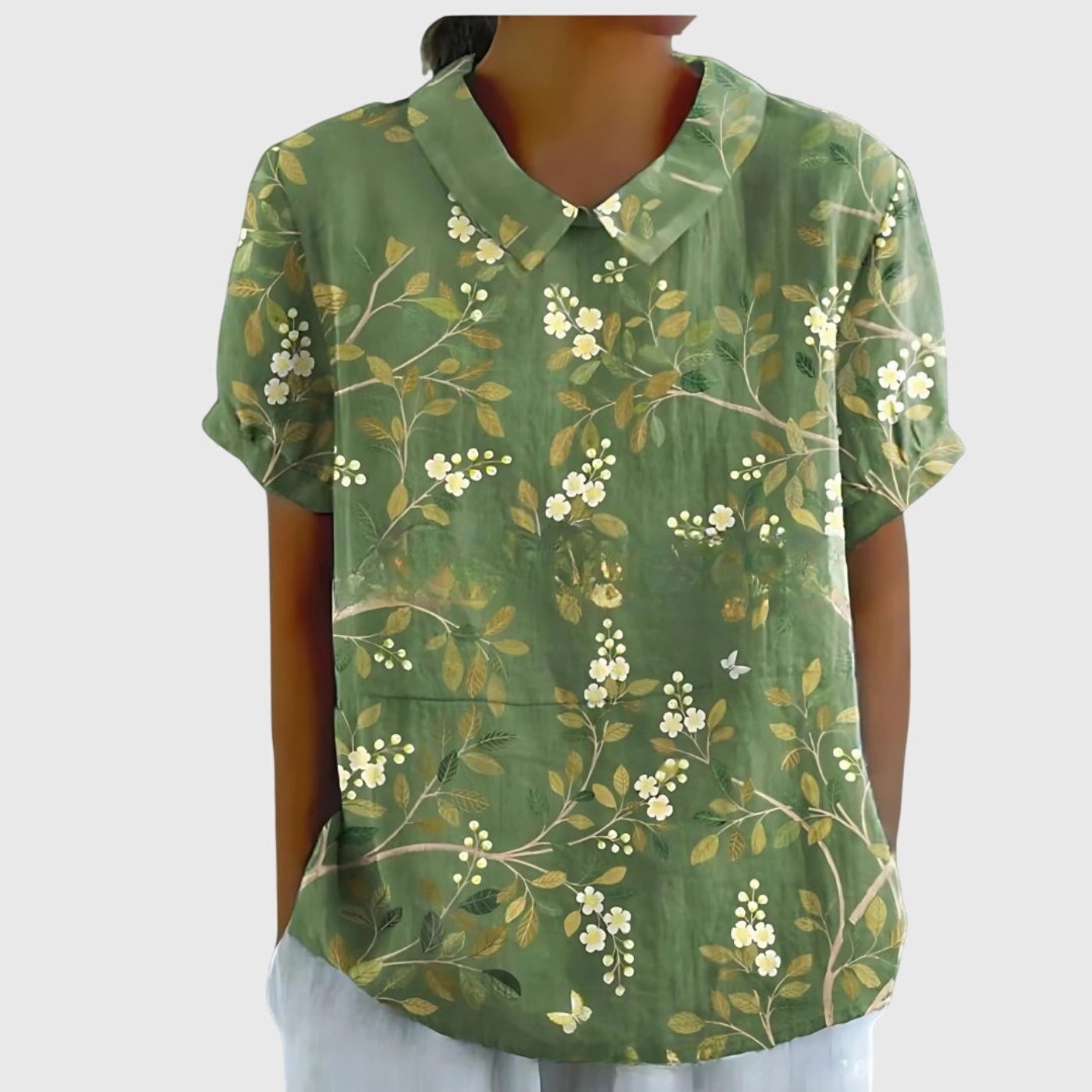 Women's Linen Floral Blouse Peter Pan Collar Short Sleeve - Green