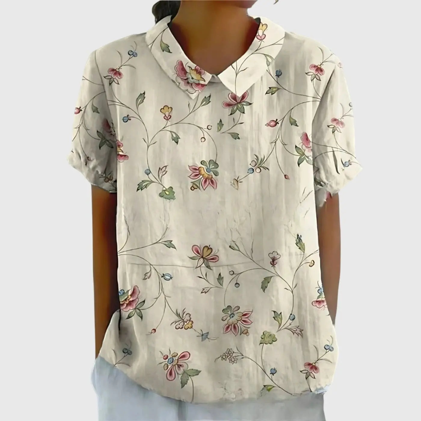 Women's Linen Floral Blouse Peter Pan Collar Short Sleeve - White 4