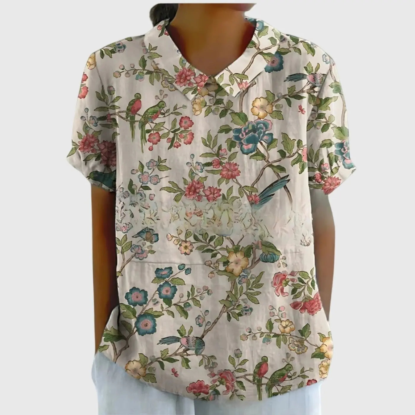 Women's Linen Floral Blouse Peter Pan Collar Short Sleeve - White 5