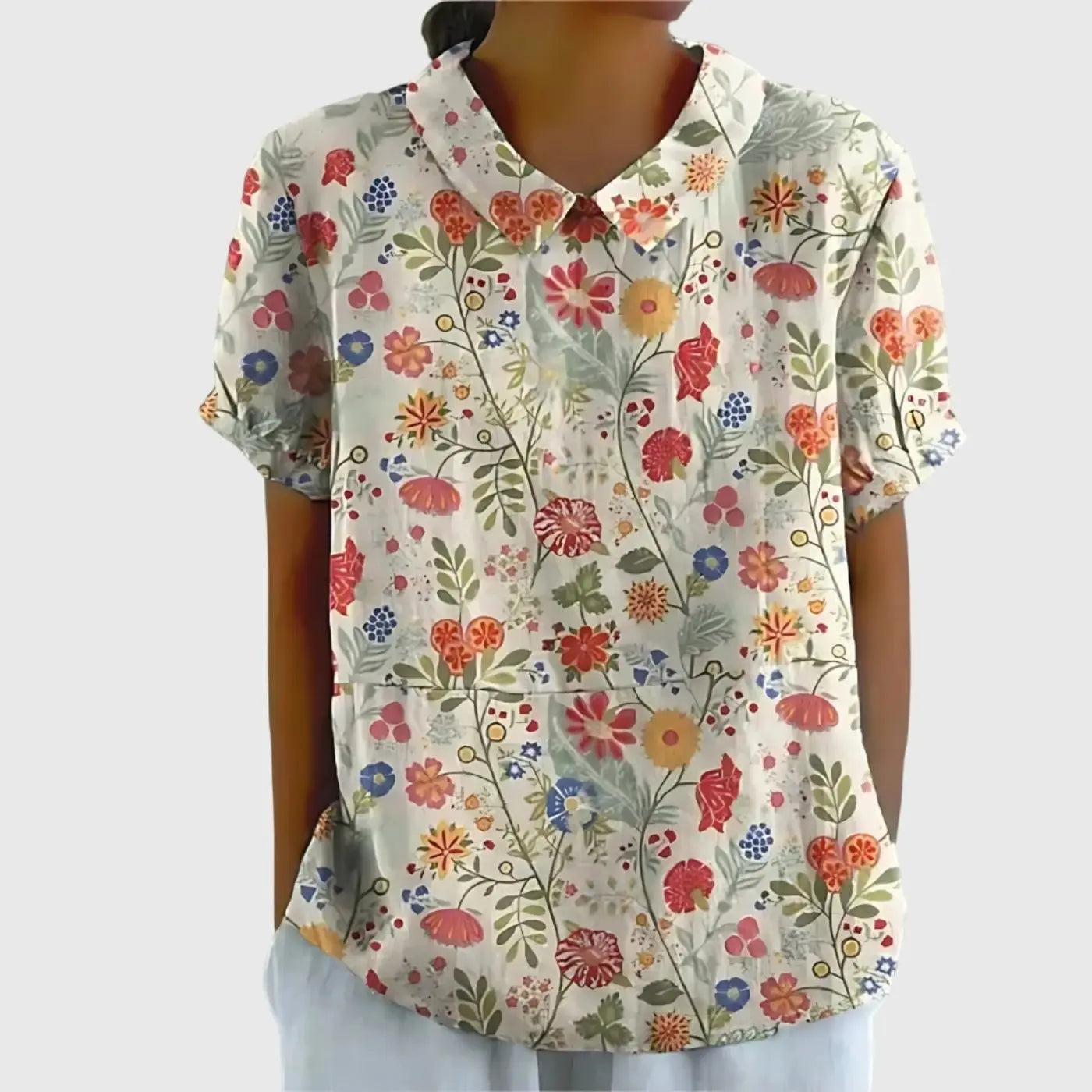 Women's Linen Floral Blouse Peter Pan Collar Short Sleeve - White 6