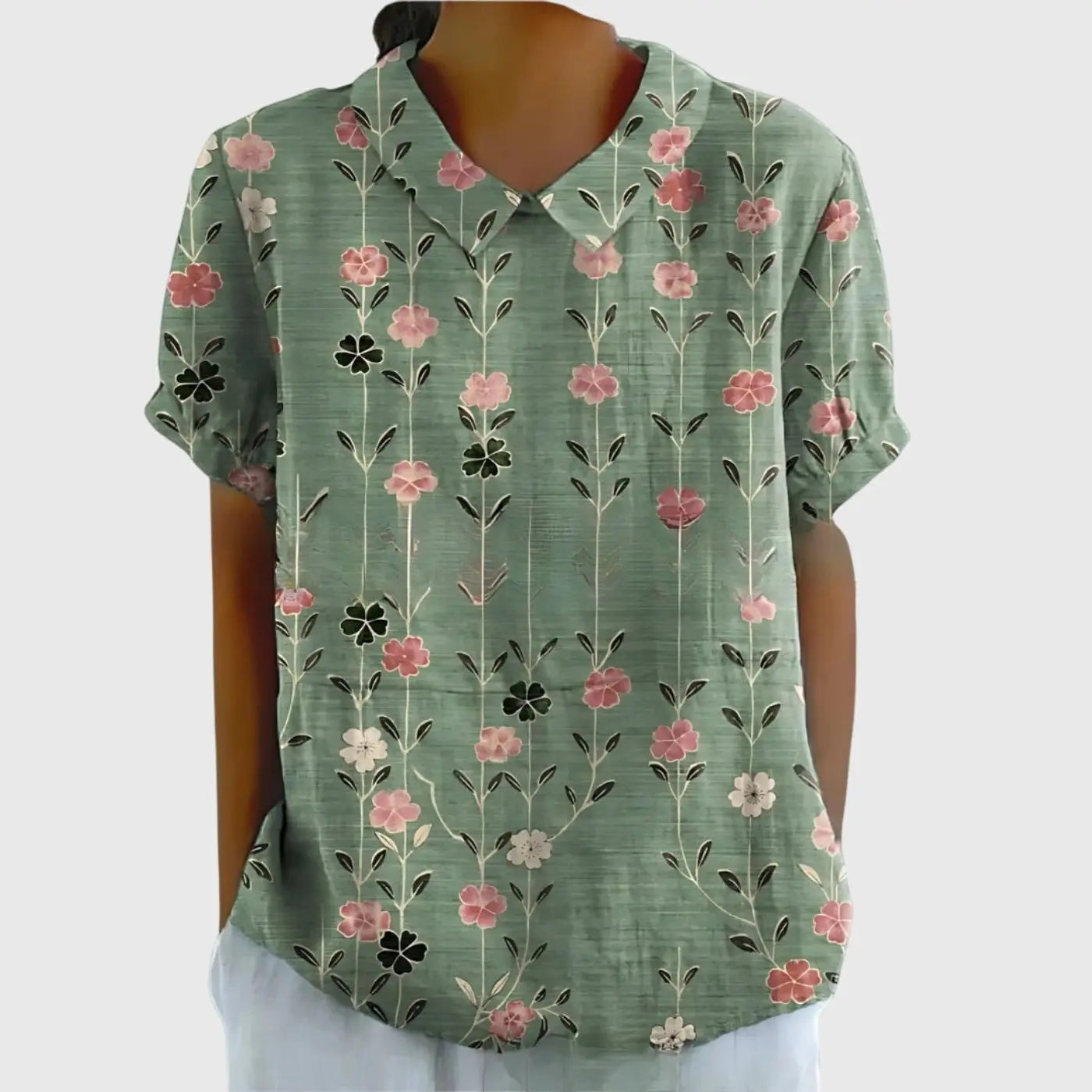 Women's Linen Floral Blouse Peter Pan Collar Short Sleeve - Sage Green