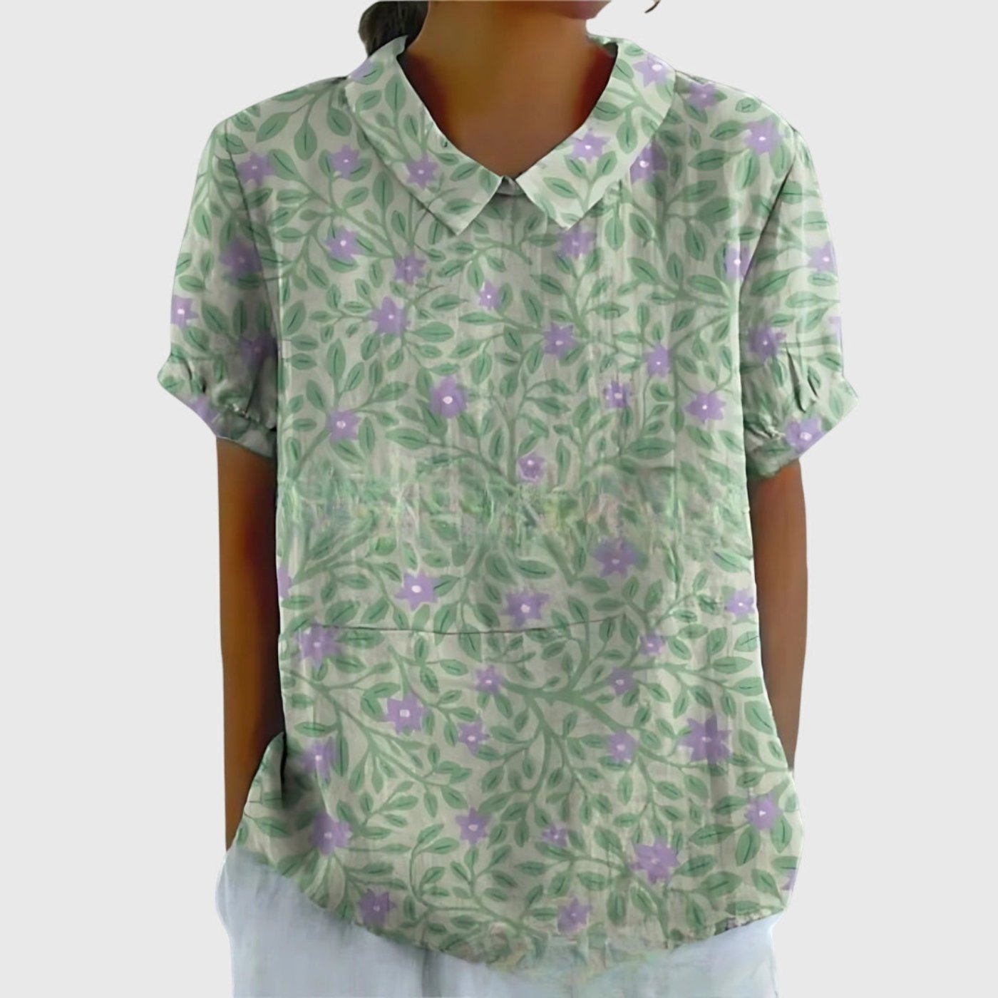 Women's Linen Floral Blouse Peter Pan Collar Short Sleeve - Sage Green 2