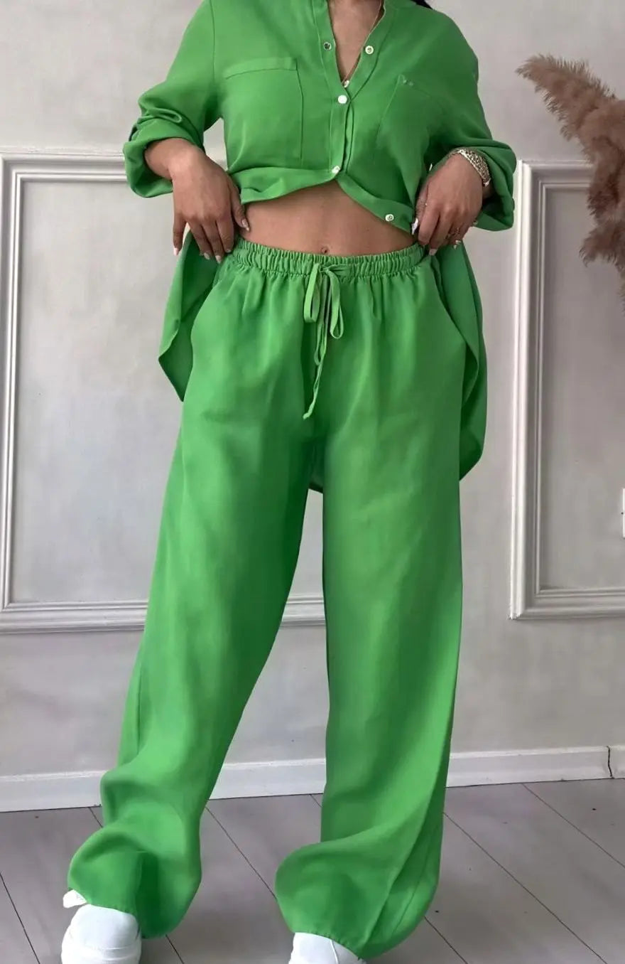 Women's Linen-Look Wide-Leg Shirt Two-Piece Set - Green