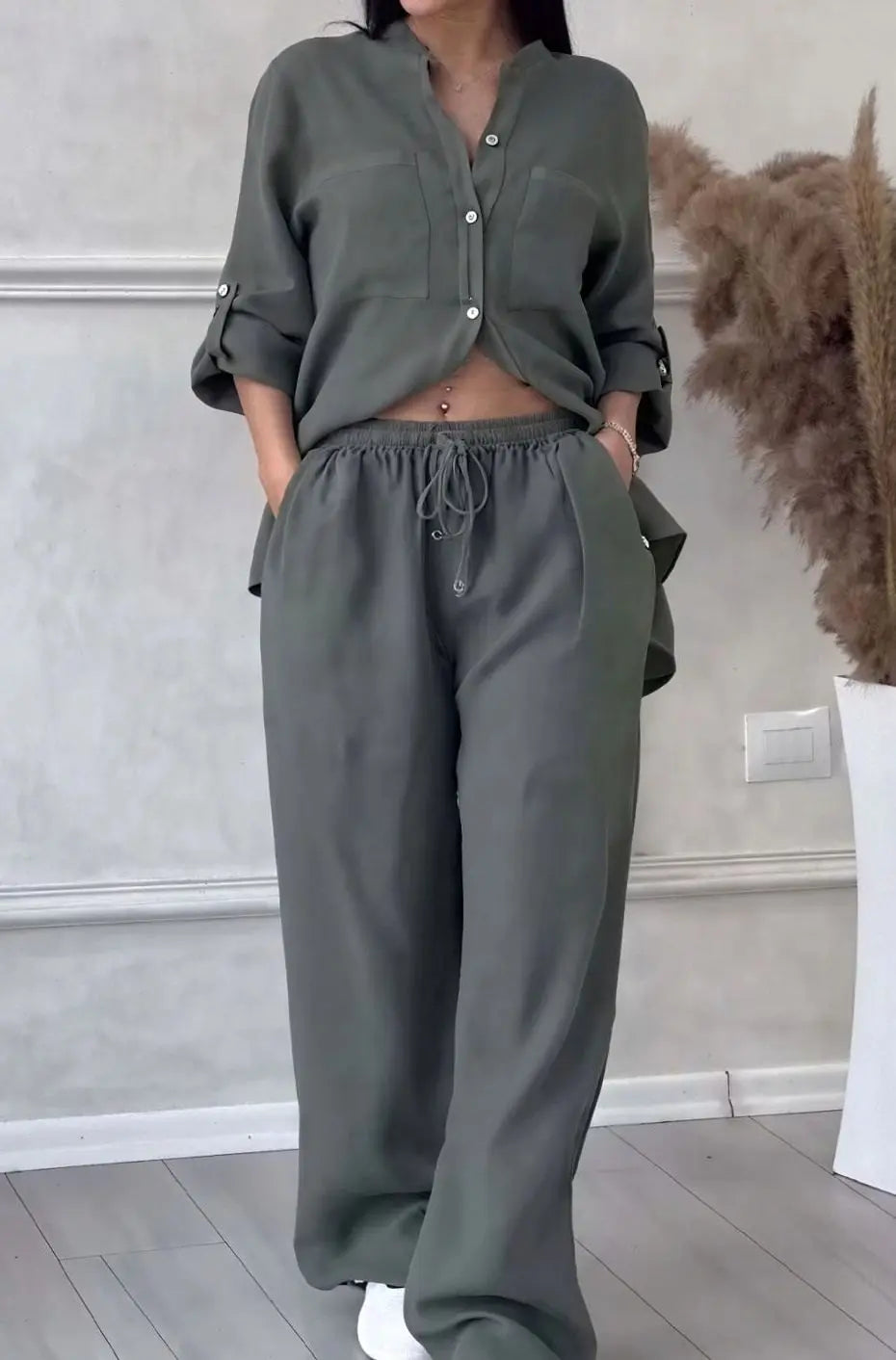 Women's Linen-Look Wide-Leg Shirt Two-Piece Set - Dark Grey