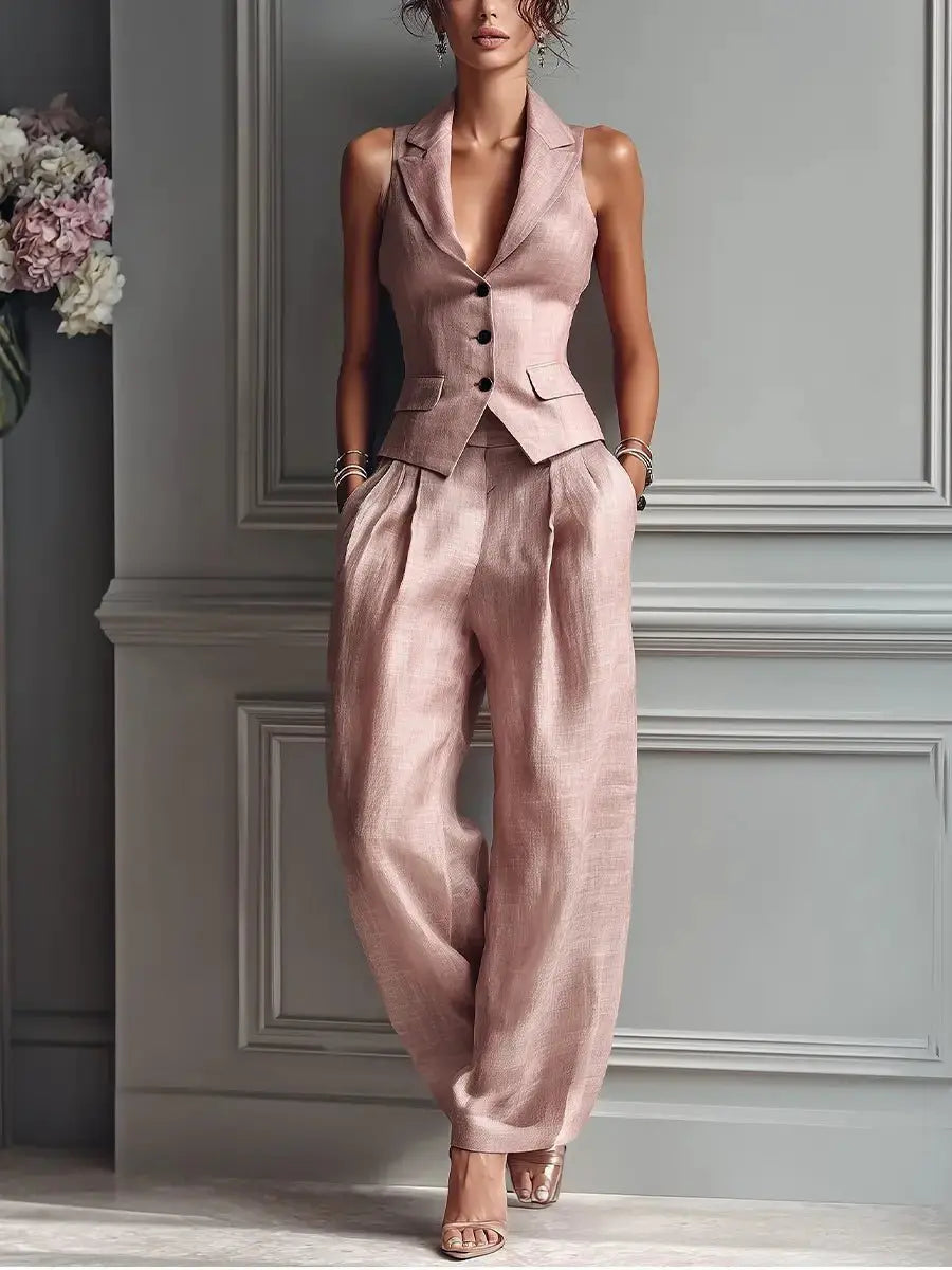 Women's Linen Pleated Wide Leg Trousers Lapel Waistcoat Two Piece Set - Light Pink