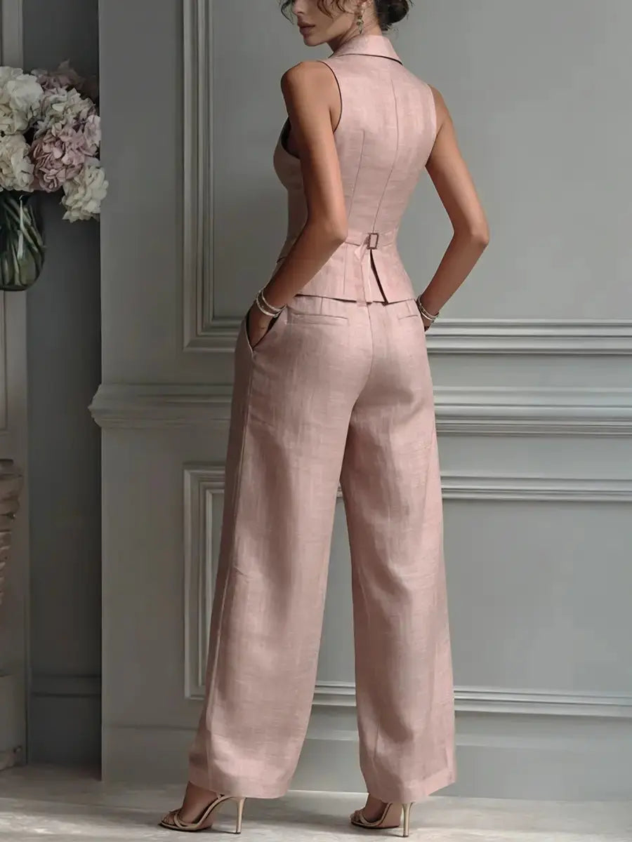 Women's Linen Pleated Wide Leg Trousers Lapel Waistcoat Two Piece Set