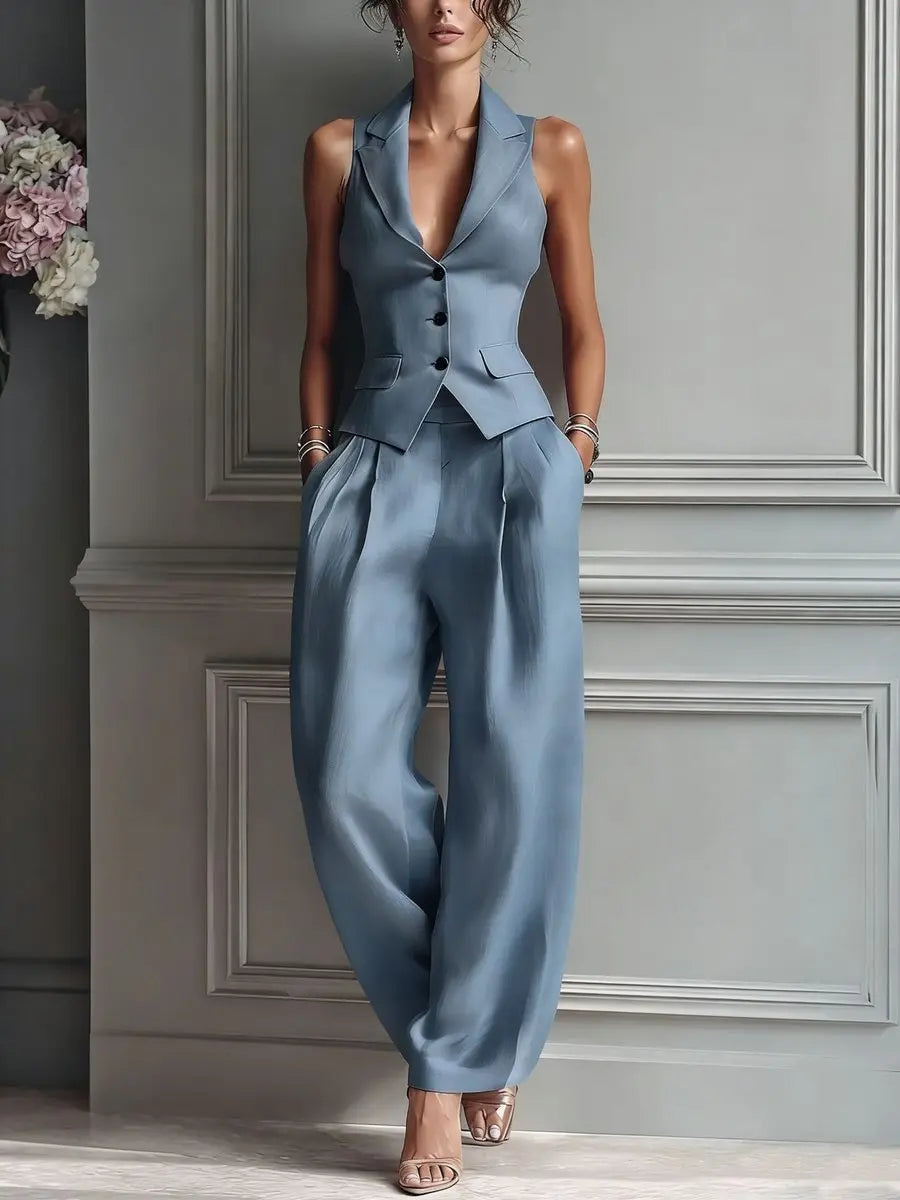 Women's Linen Pleated Wide Leg Trousers Lapel Waistcoat Two Piece Set - Sky Blue