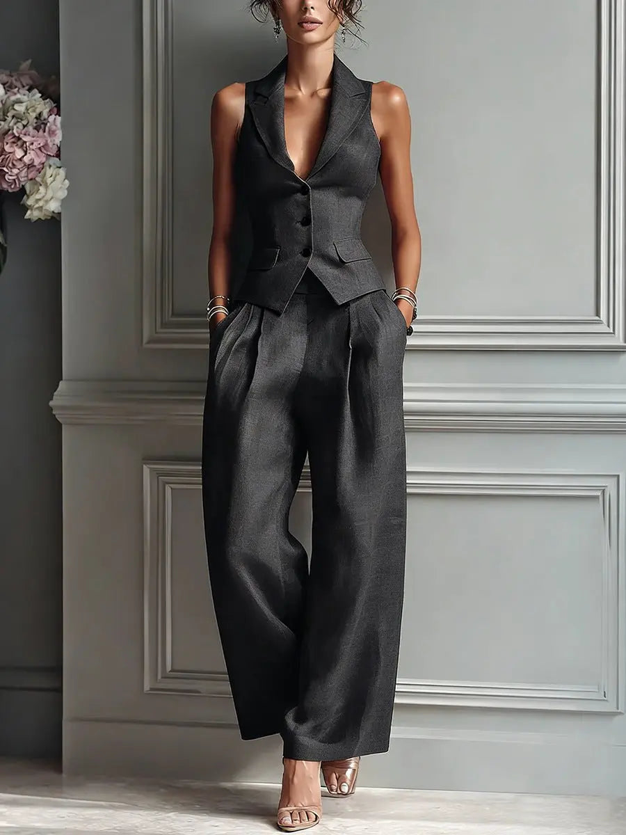 Women's Linen Pleated Wide Leg Trousers Lapel Waistcoat Two Piece Set - Black