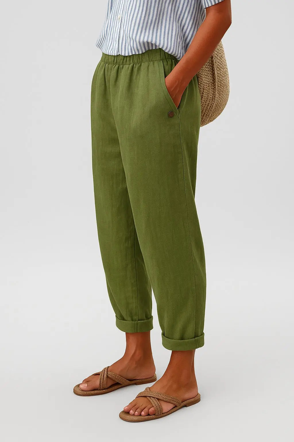 Women's Linen Trousers Wide Leg Elastic Waist Side Pockets - Green