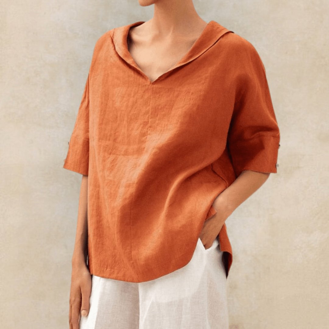 Women's Linen Tunic Top V-Neck Collared Oversized - Orange