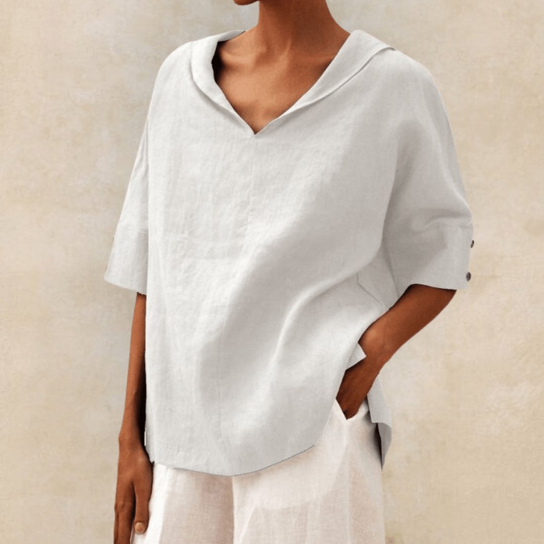 Women's Linen Tunic Top V-Neck Collared Oversized - White