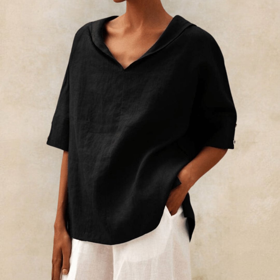Women's Linen Tunic Top V-Neck Collared Oversized - Black