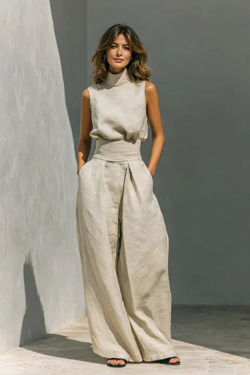 Women's Linen Wide-Leg High-Waist Sleeveless Co-ord Trouser Set - Khaki