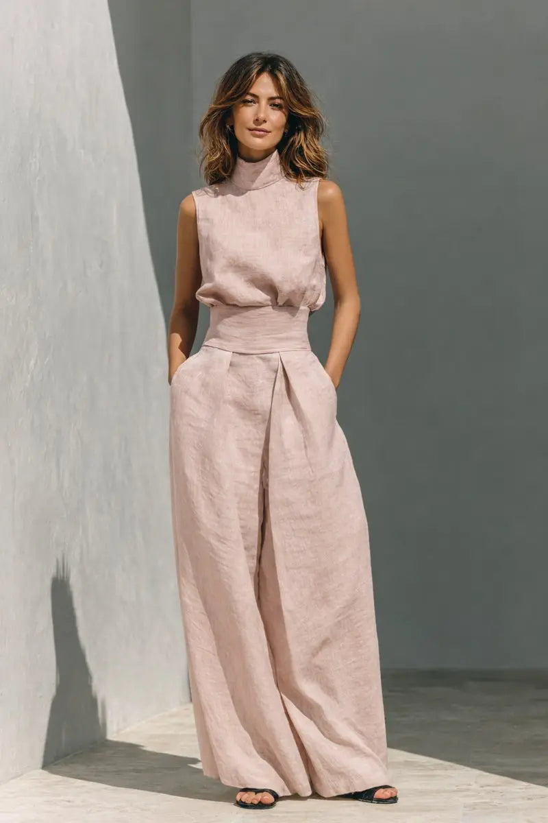 Women's Linen Wide-Leg High-Waist Sleeveless Co-ord Trouser Set - Light Pink