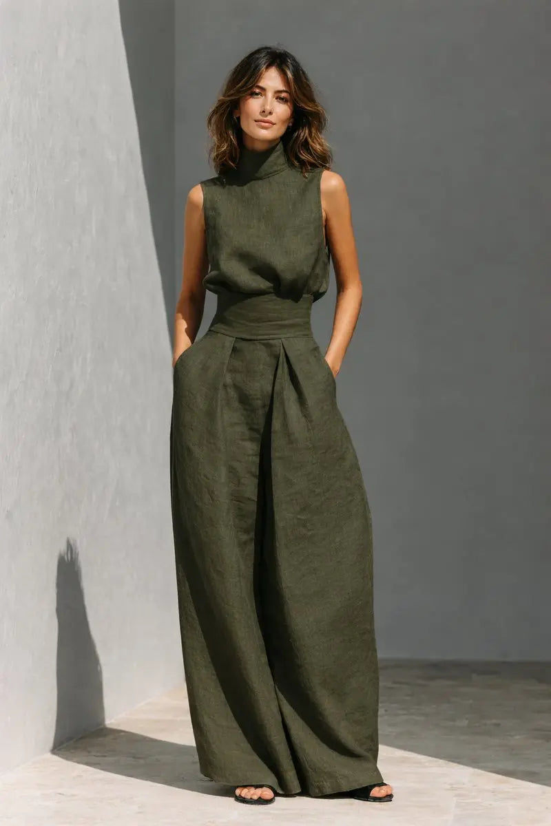 Women's Linen Wide-Leg High-Waist Sleeveless Co-ord Trouser Set - Army Green