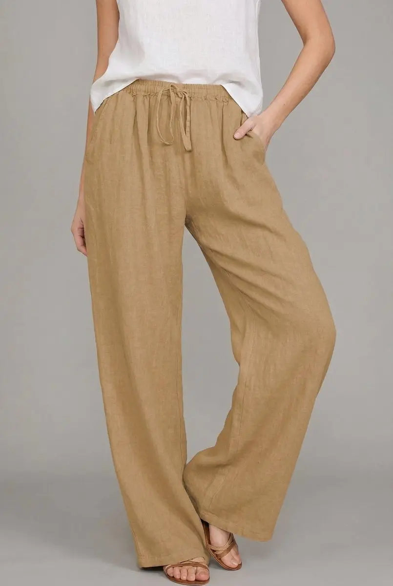 Women's Linen Wide Leg Pants Elasticated Drawstring Waist Trousers - Khaki