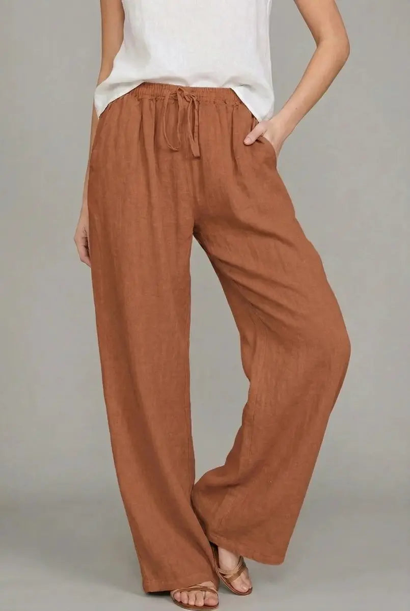 Women's Linen Wide Leg Pants Elasticated Drawstring Waist Trousers - Orange