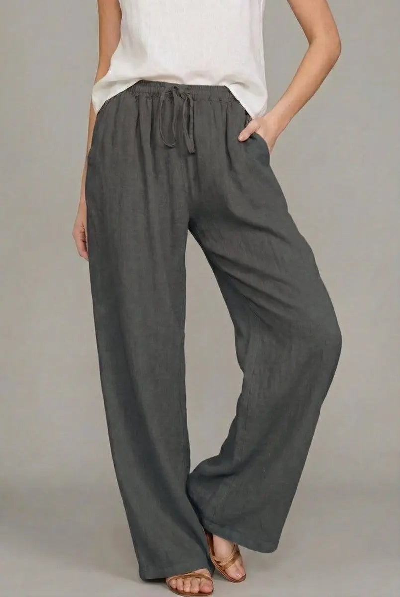 Women's Linen Wide Leg Pants Elasticated Drawstring Waist Trousers - Dark Grey