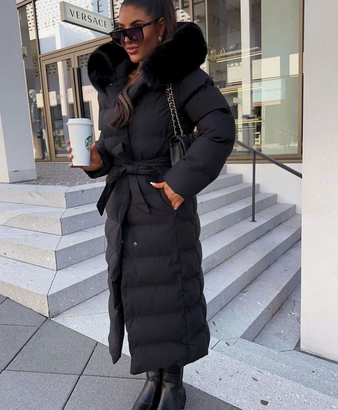 Women's Long Belted Fur Hood Puffer Coat - Black