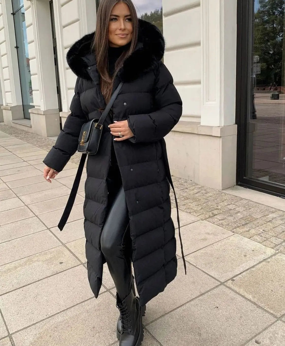 Women's Long Belted Fur Hood Puffer Coat