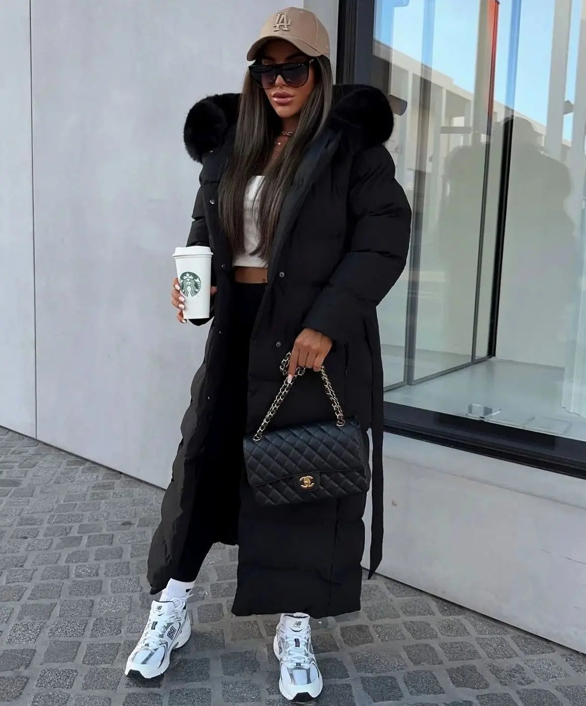 Women's Long Belted Fur Hood Puffer Coat