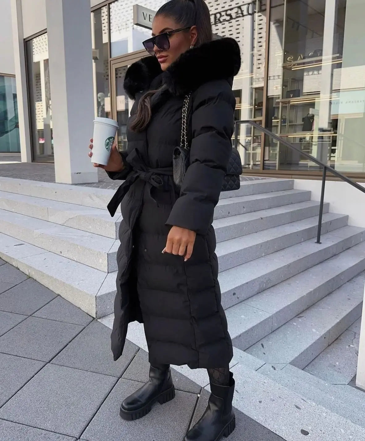 Women's Long Belted Fur Hood Puffer Coat
