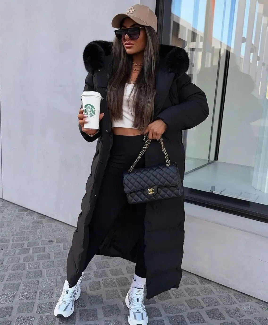 Women's Long Belted Fur Hood Puffer Coat