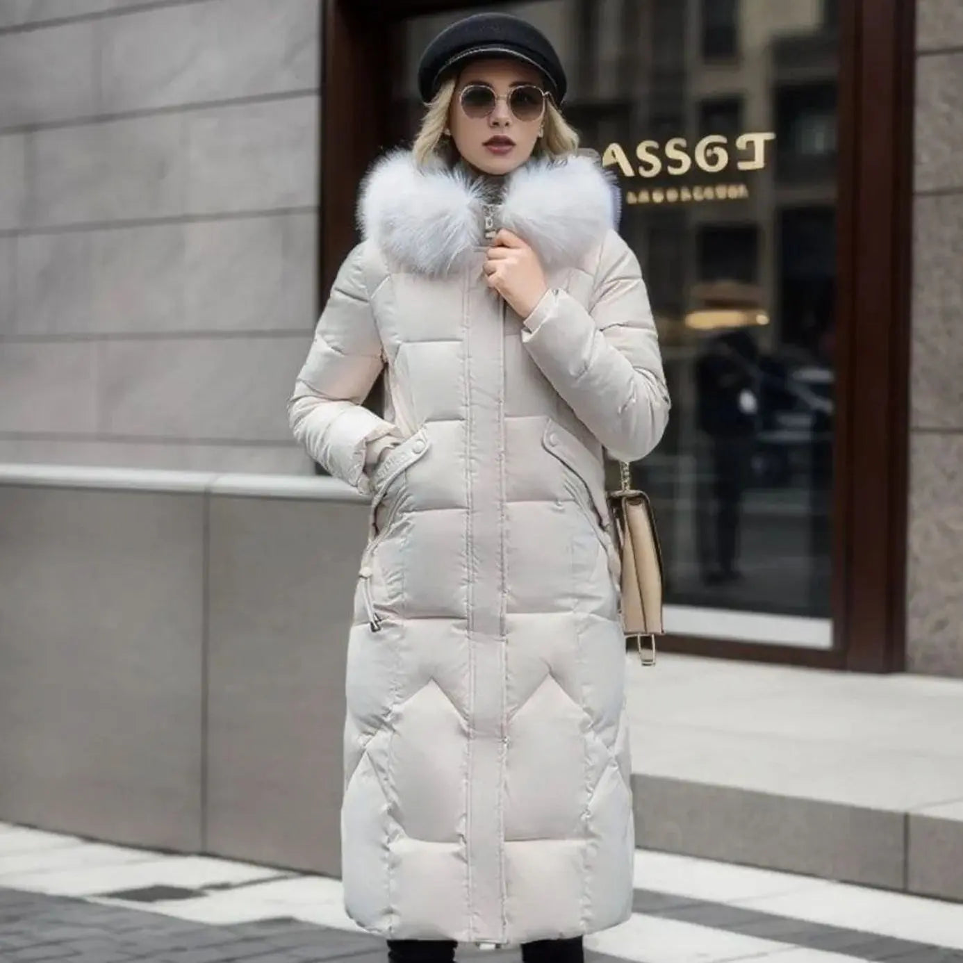 Women's Long Hooded Faux Fur Trim Quilted Coat