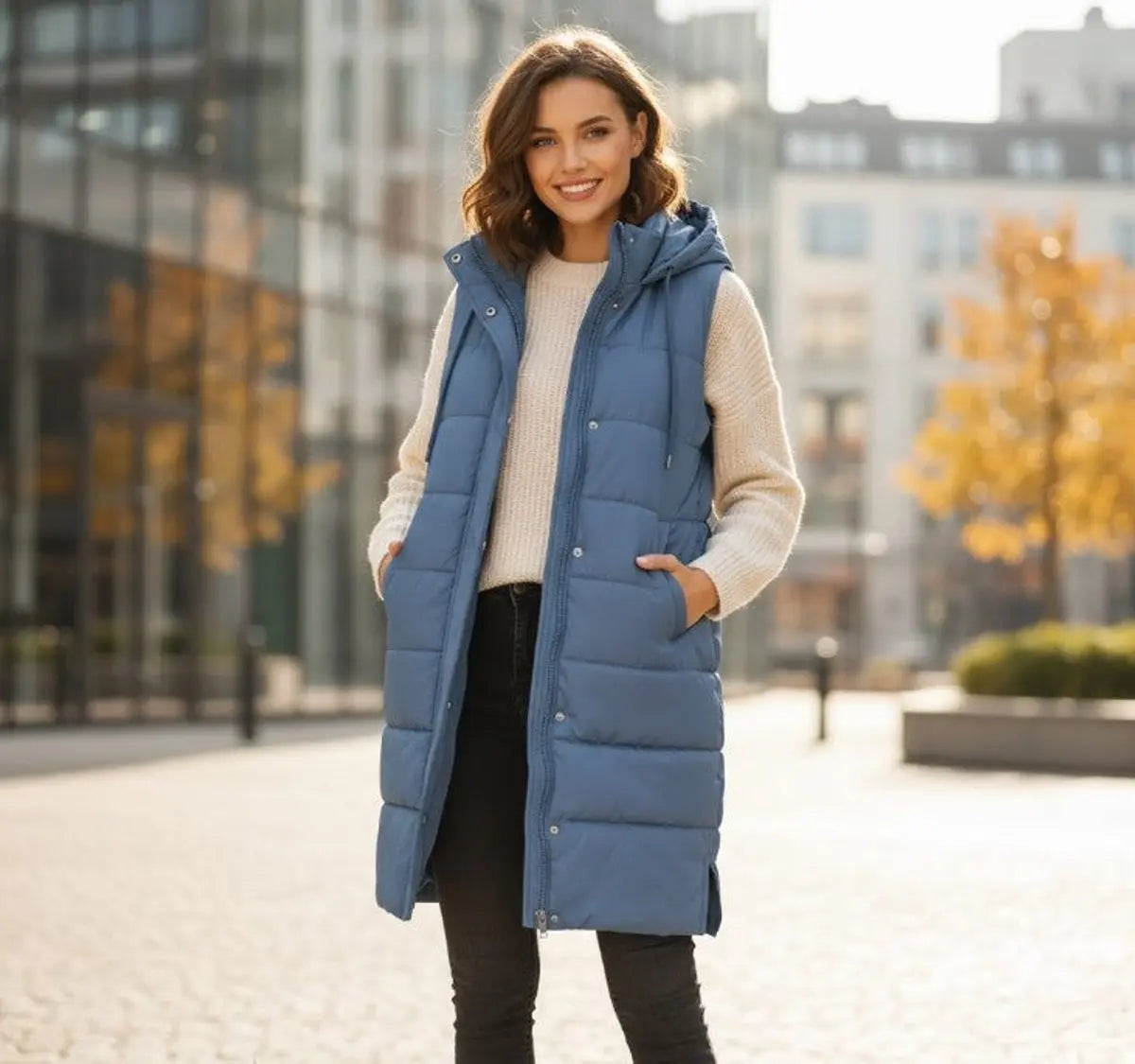 Women's Long Hooded Quilted Puffer Vest Sleeveless Winter Gilet - Blue