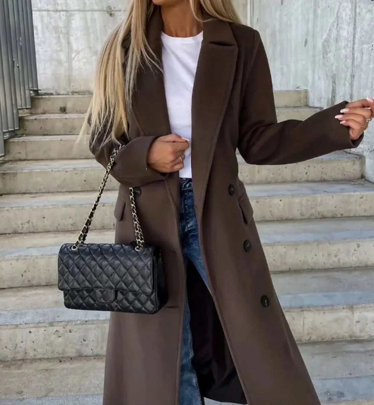 Women's Long Lapel Button Front Coat Classic Double-Breasted Overcoat - Dark Brown