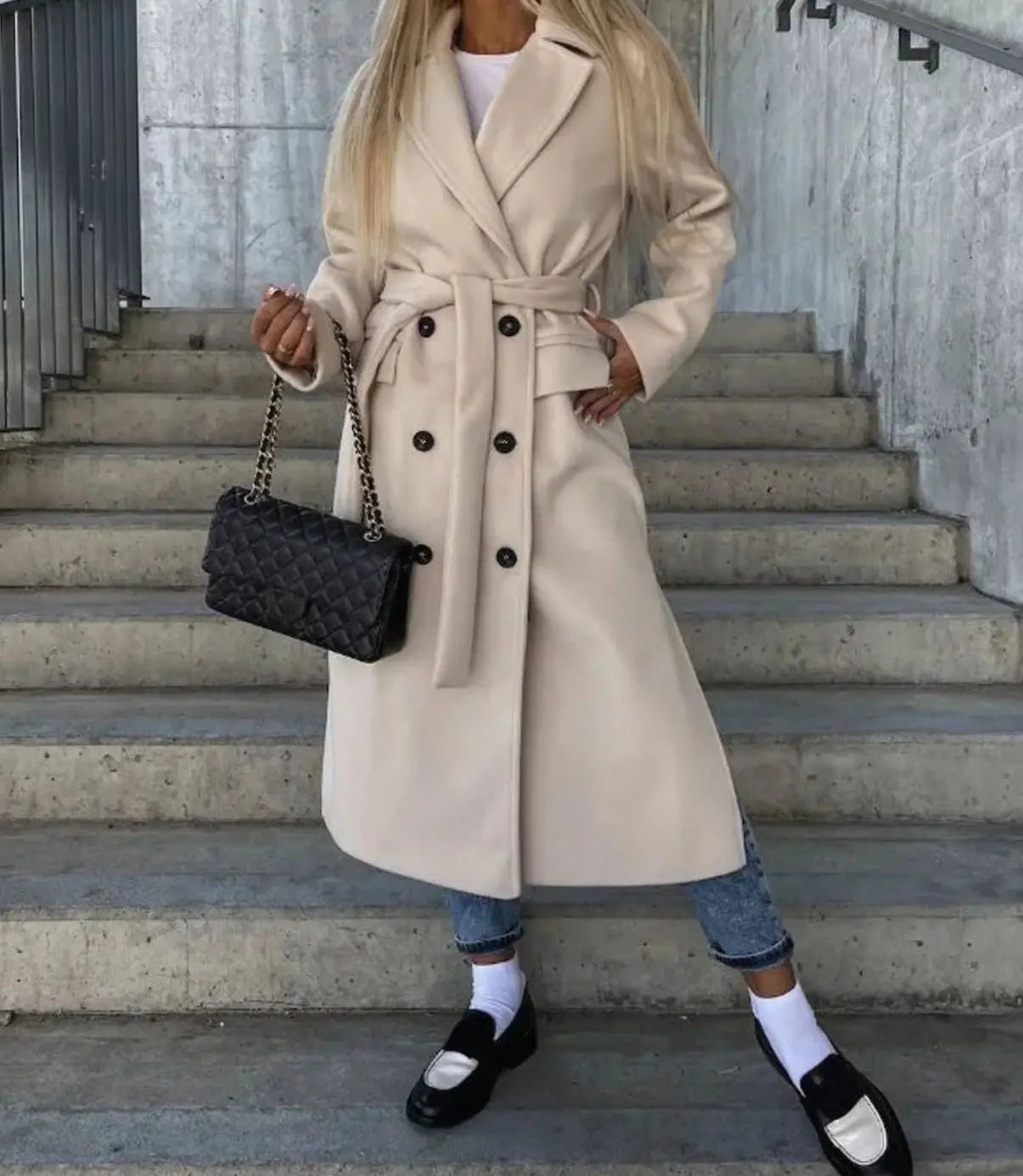 Women's Long Lapel Button Front Coat Classic Double-Breasted Overcoat - Khaki