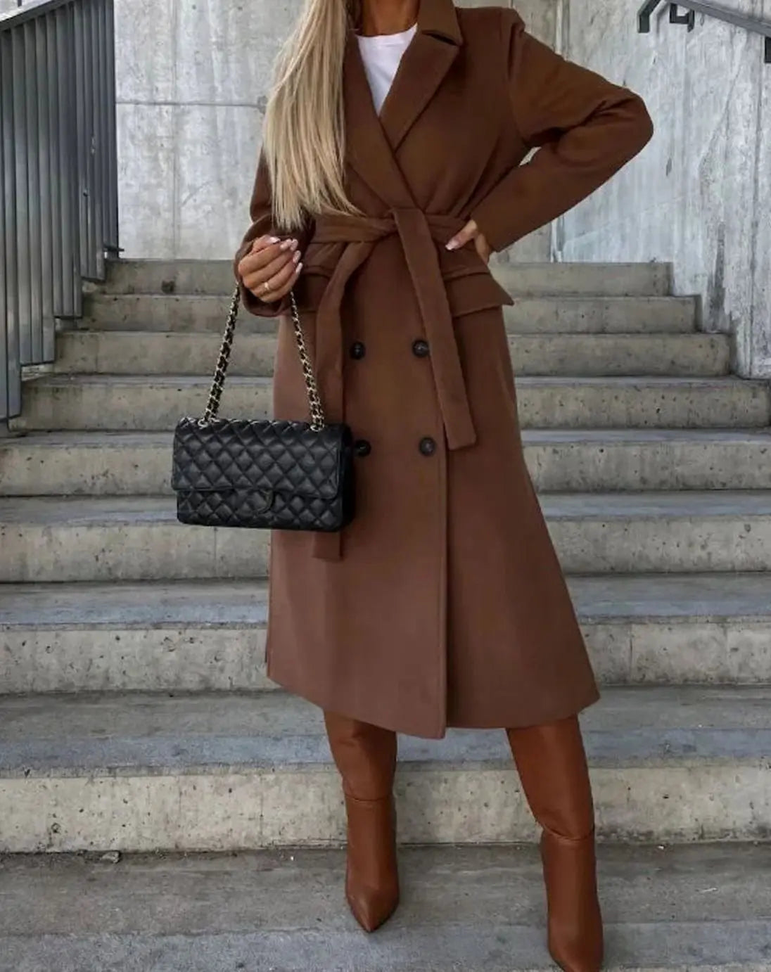 Women's Long Lapel Button Front Coat Classic Double-Breasted Overcoat - Brown