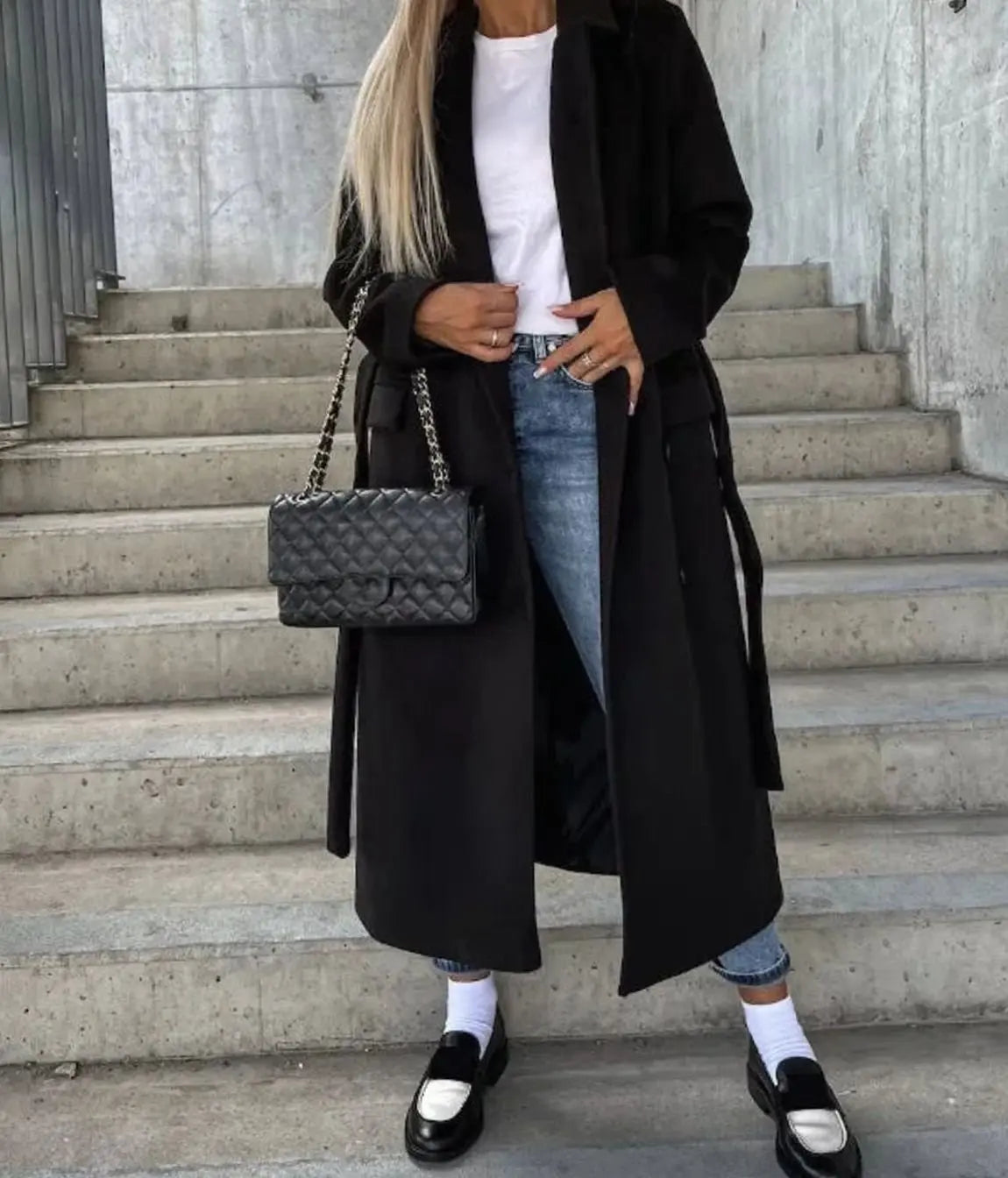Women's Long Lapel Button Front Coat Classic Double-Breasted Overcoat - Black