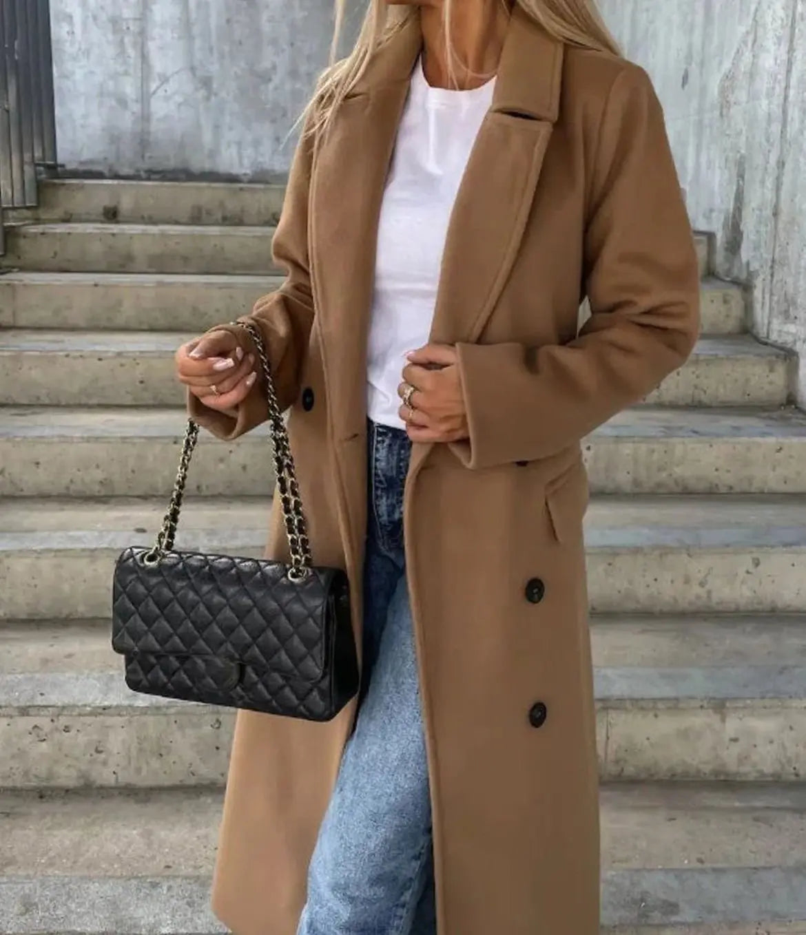 Women's Long Lapel Button Front Coat Classic Double-Breasted Overcoat - Light Brown