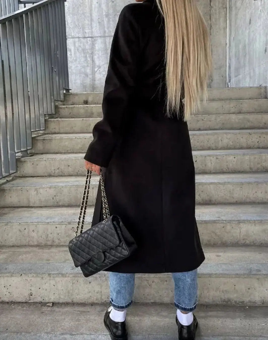 Women's Long Lapel Button Front Coat Classic Double-Breasted Overcoat