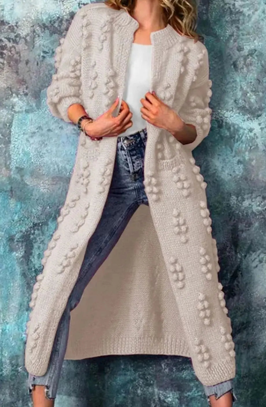 Women's Long Pom-Detail Open-Front Knitted Cardigan - Beige