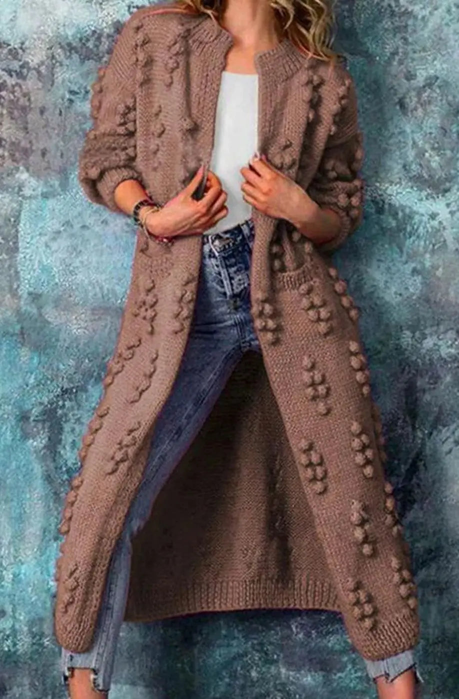 Women's Long Pom-Detail Open-Front Knitted Cardigan - Brown