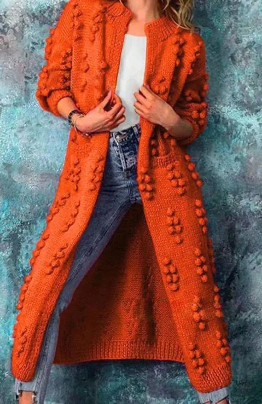 Women's Long Pom-Detail Open-Front Knitted Cardigan - Orange