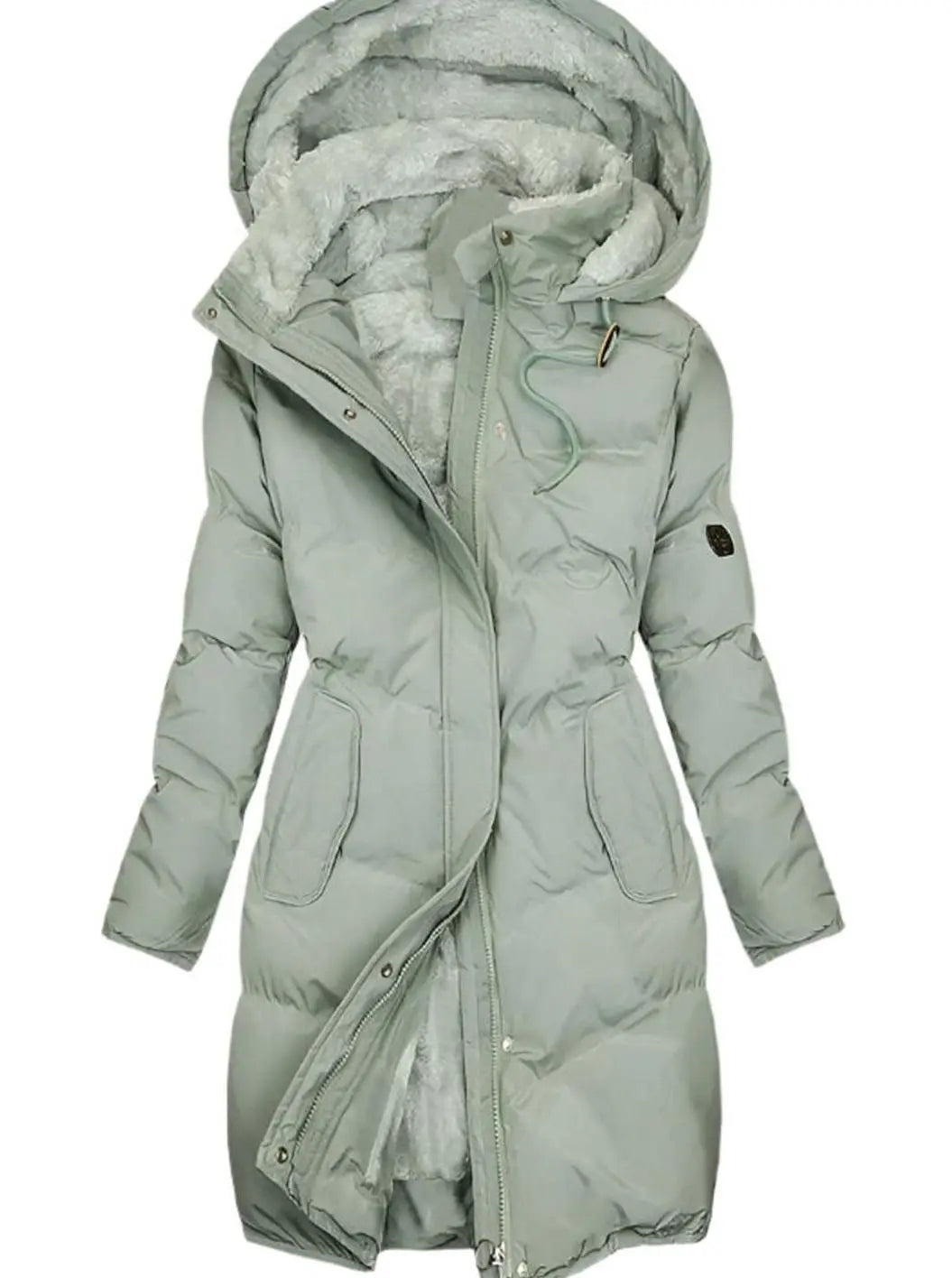 Women's Long Quilted Hooded Fleece-Lined Winter Coat - Green