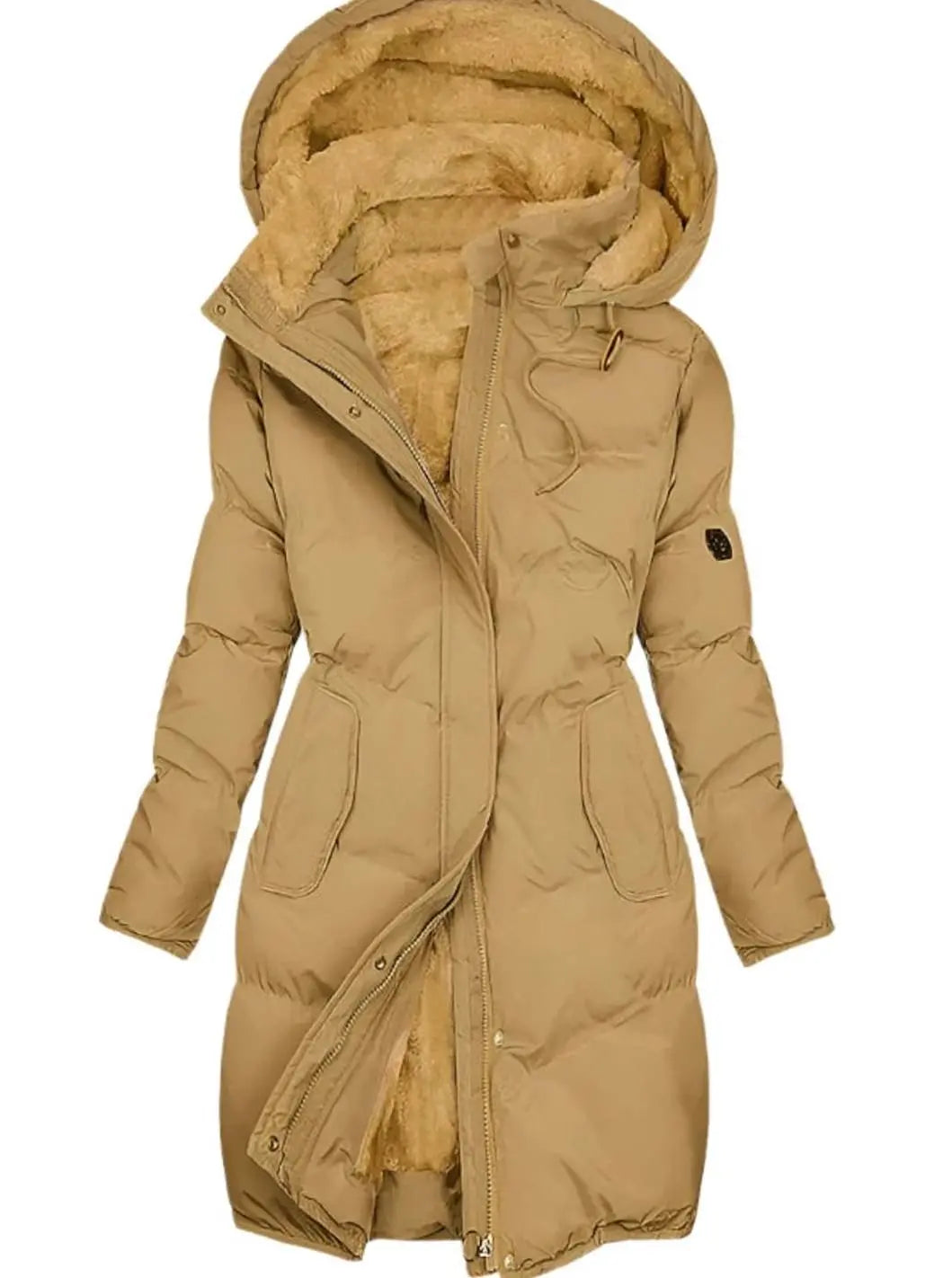 Women's Long Quilted Hooded Fleece-Lined Winter Coat - Yellow