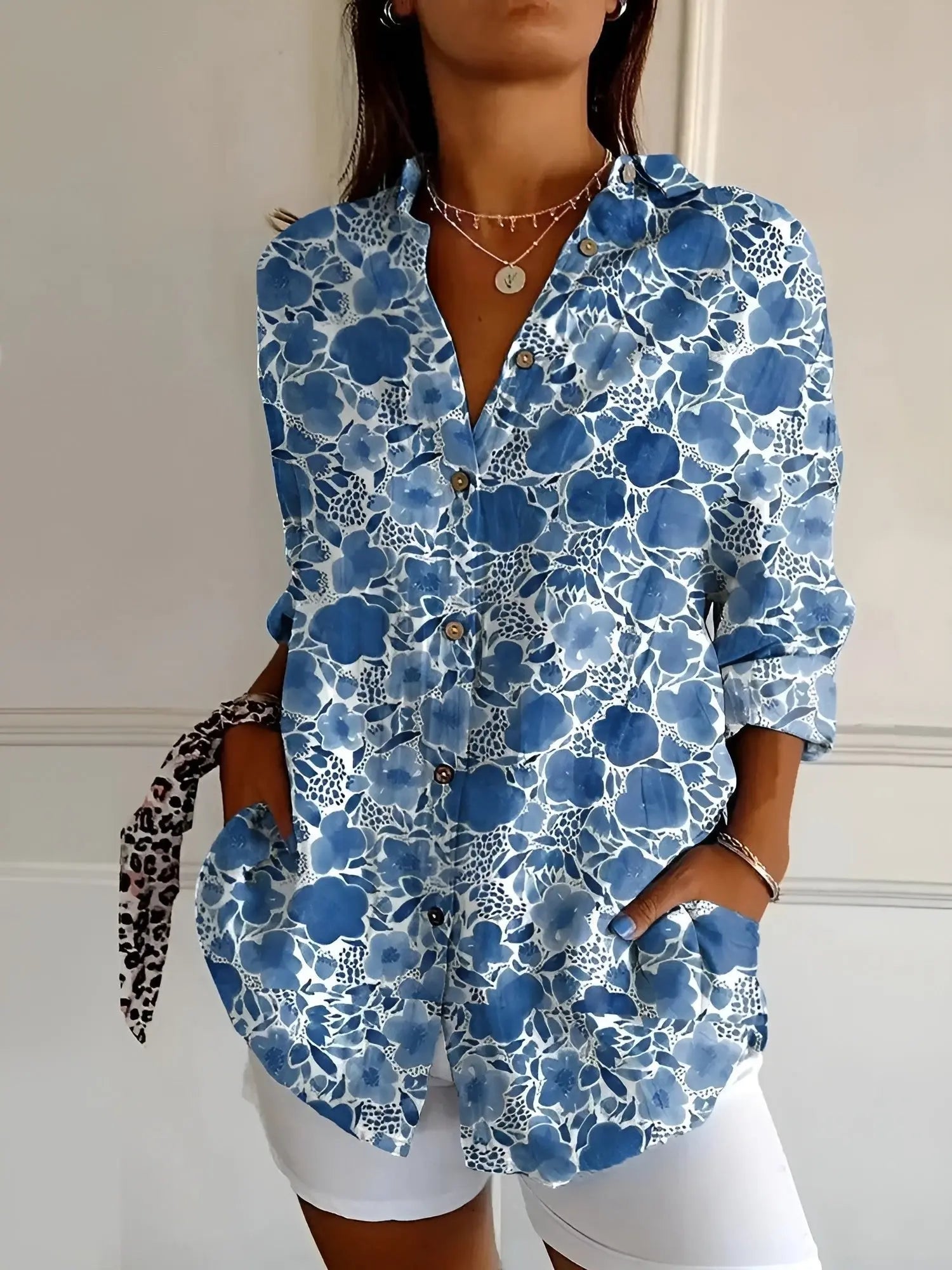 Women's Long Sleeve Blouse Button Down Relaxed Fit - Dark Blue Floral