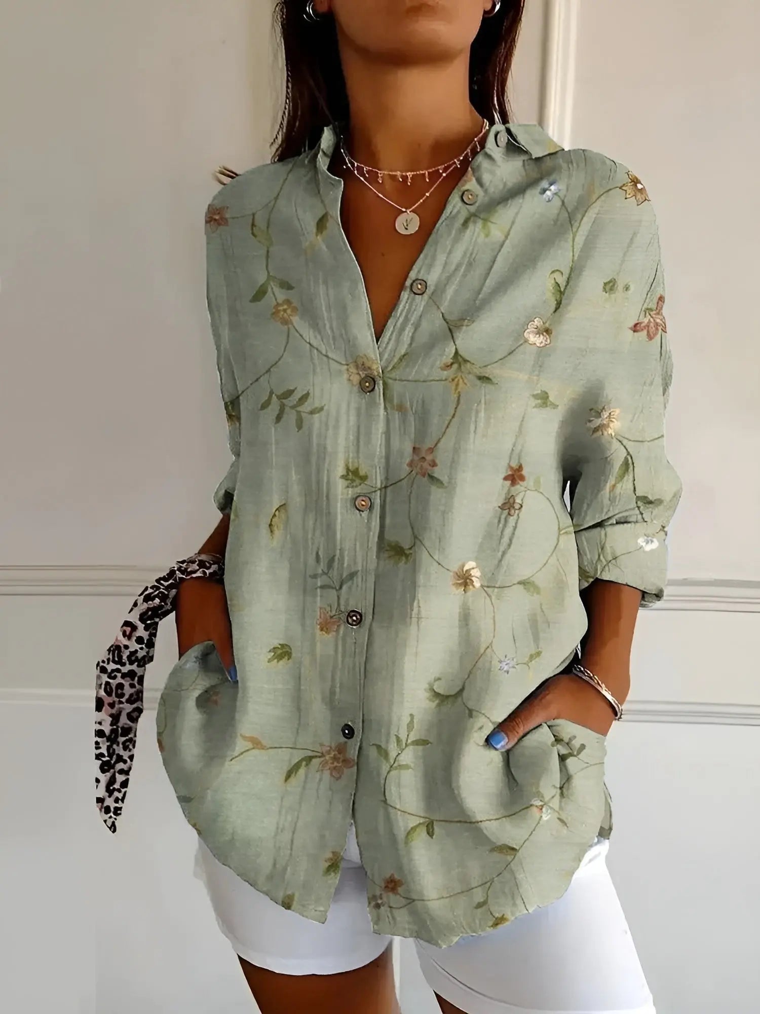 Women's Long Sleeve Blouse Button Down Relaxed Fit - Green