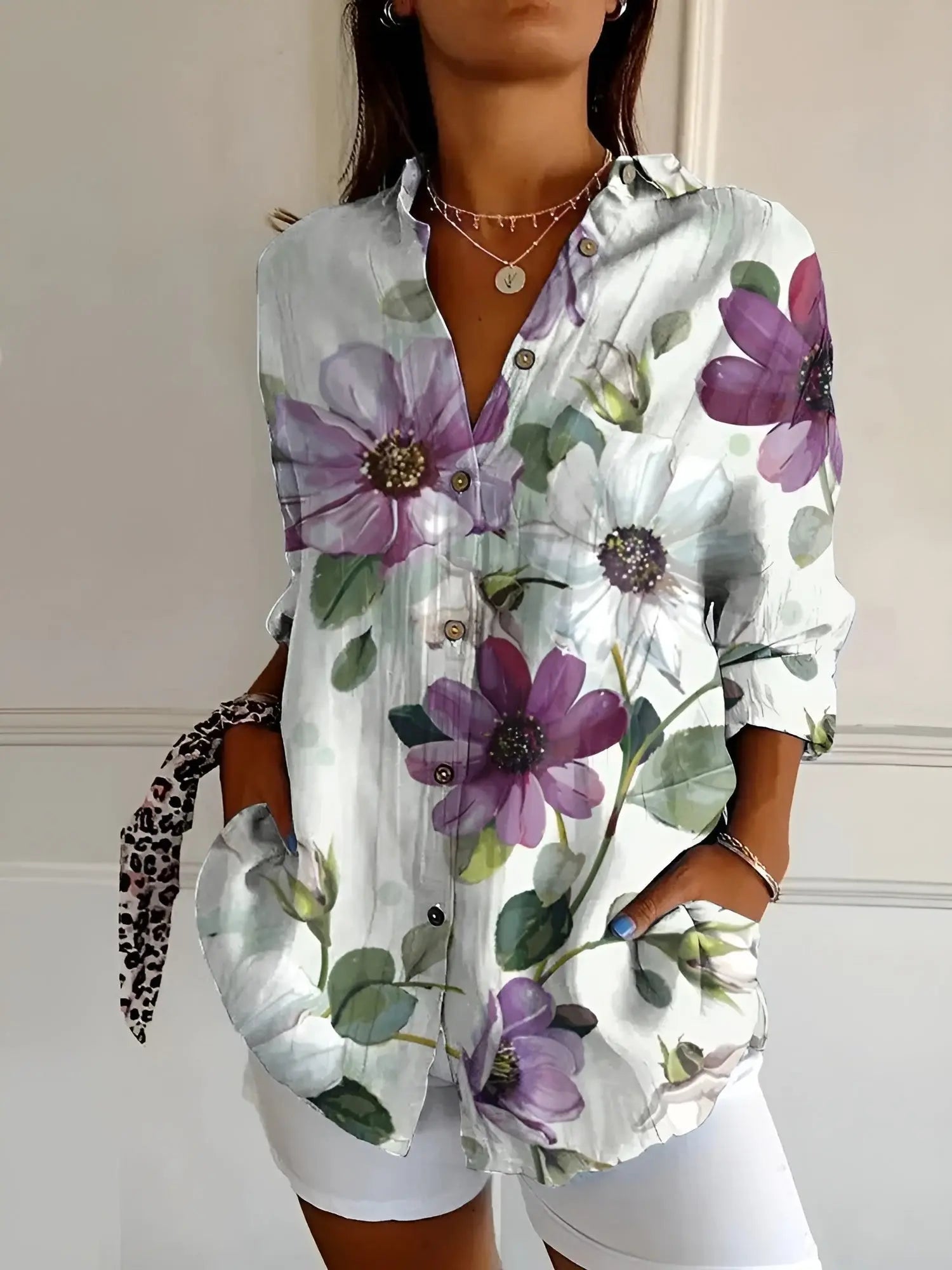 Women's Long Sleeve Blouse Button Down Relaxed Fit - Purple Flowers